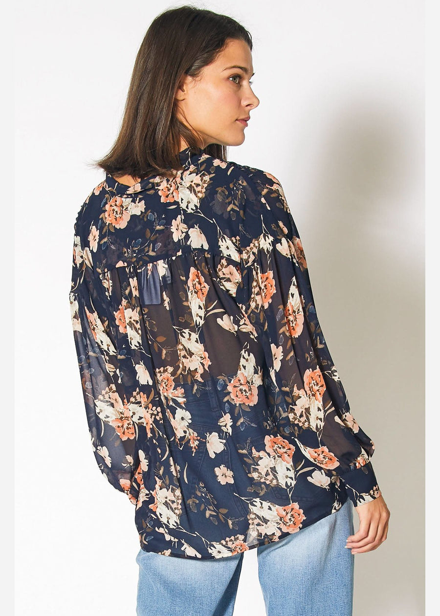 Long Sleeve Romantic Blouse in Navy Peach Floral - shopatkonus