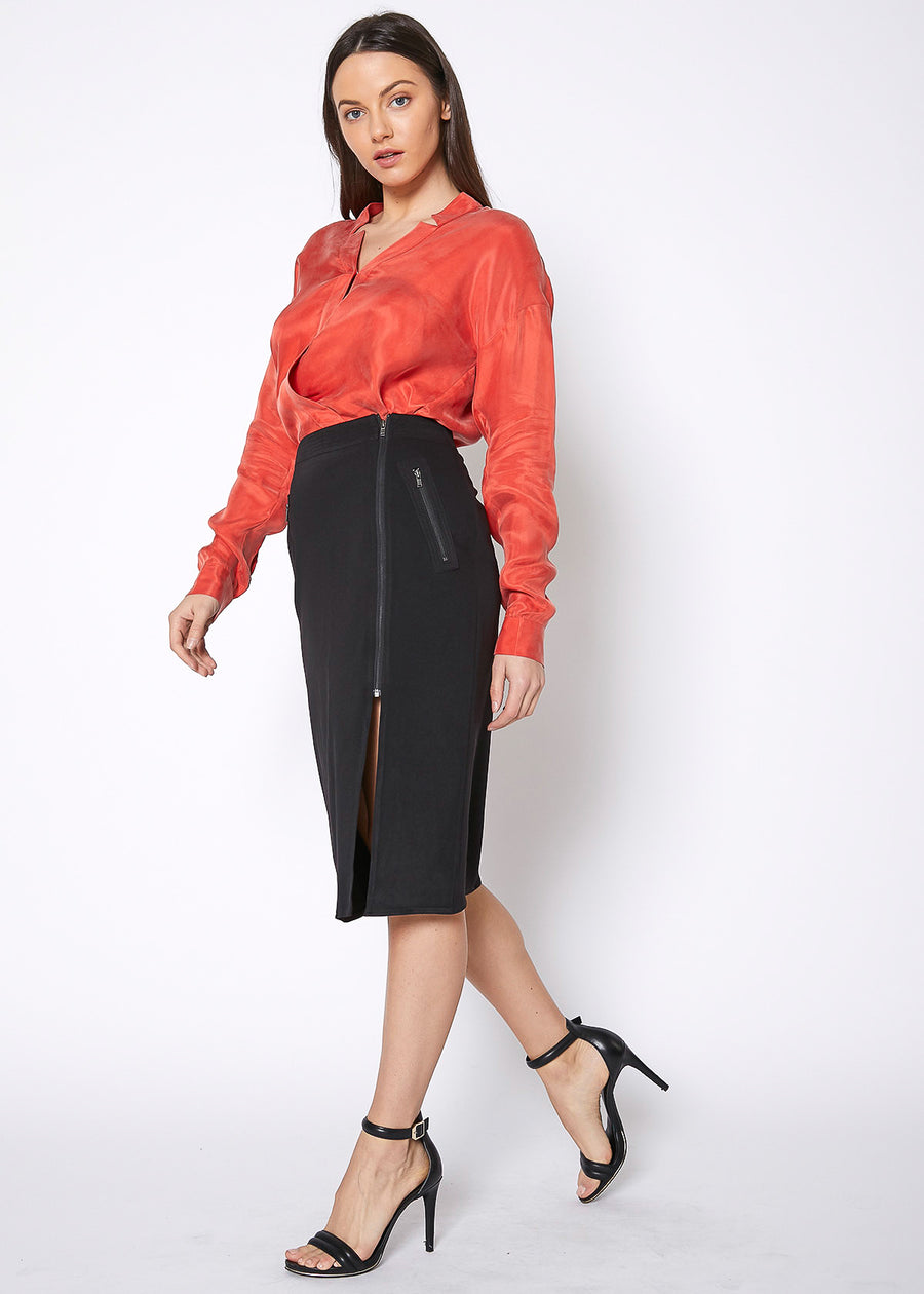 Women's Zip Up Slit Hem Midi Skirt - shopatkonus