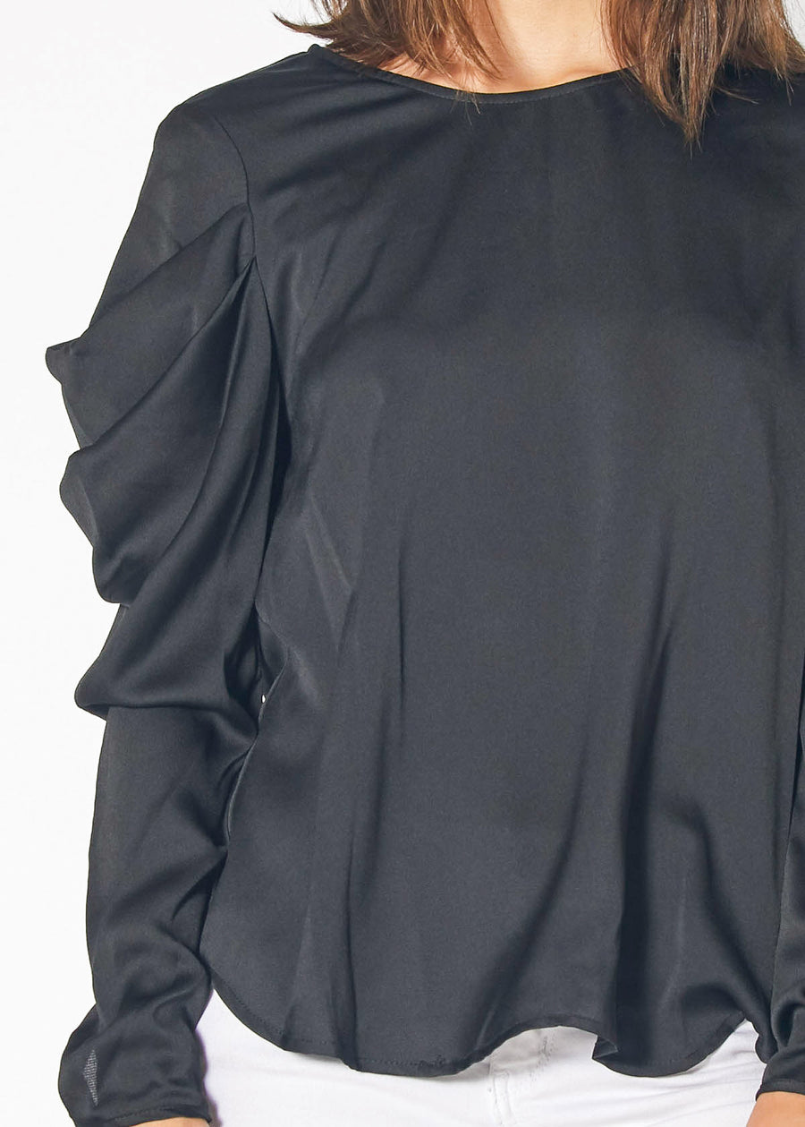 Long-Sleeve Ruched Sleeve Blouse in Black - shopatkonus