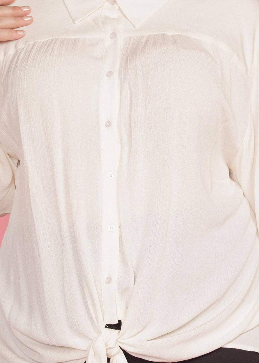 N/A Pleione Plus Size Pleated Tie Hem Button Down Blouse in Ivory