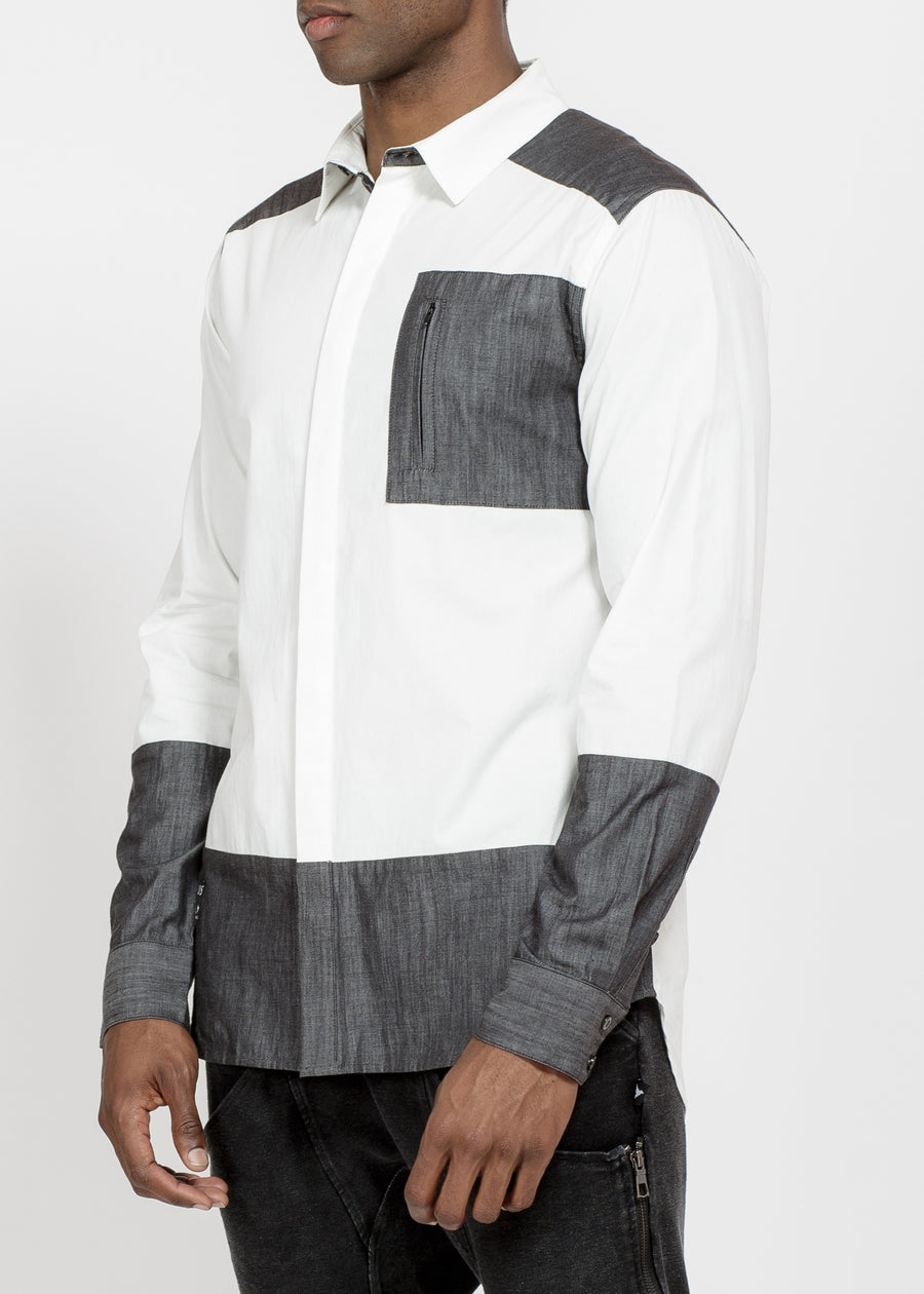 Men's Zip Pocket Button Up in White Grey - shopatkonus