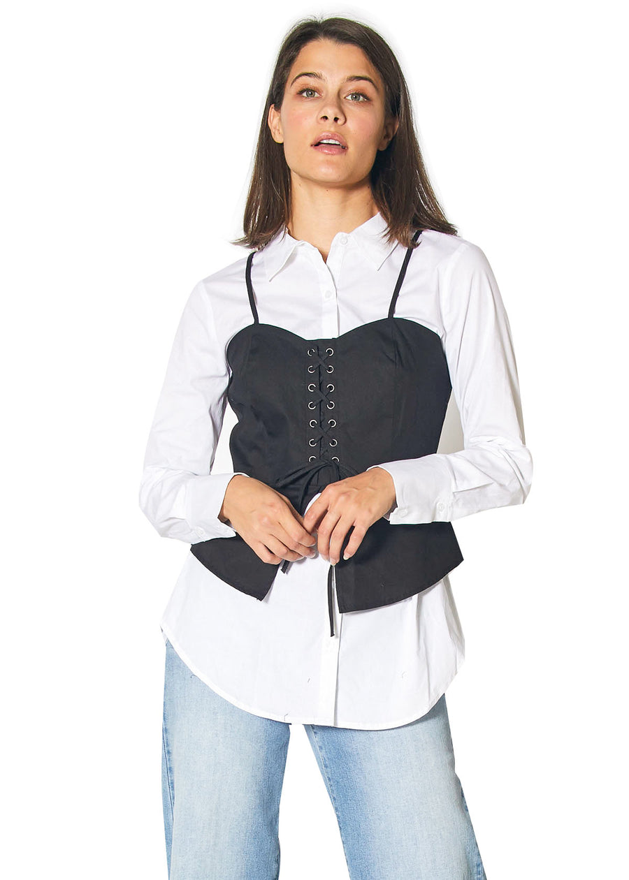 Long Sleeve Shirt With Corset in White & Black - shopatkonus