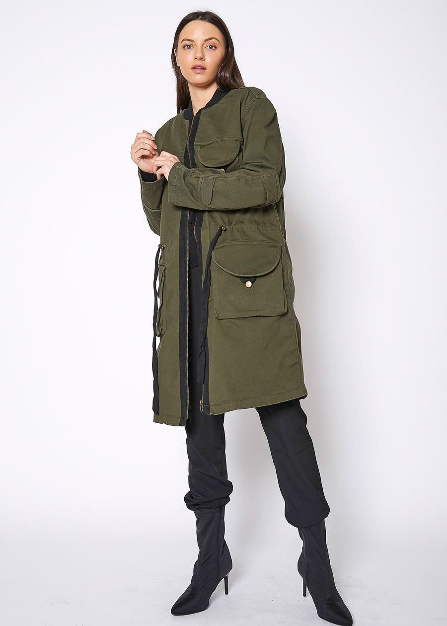 Women's Zip Up Long Utility Jacket In Olive - shopatkonus