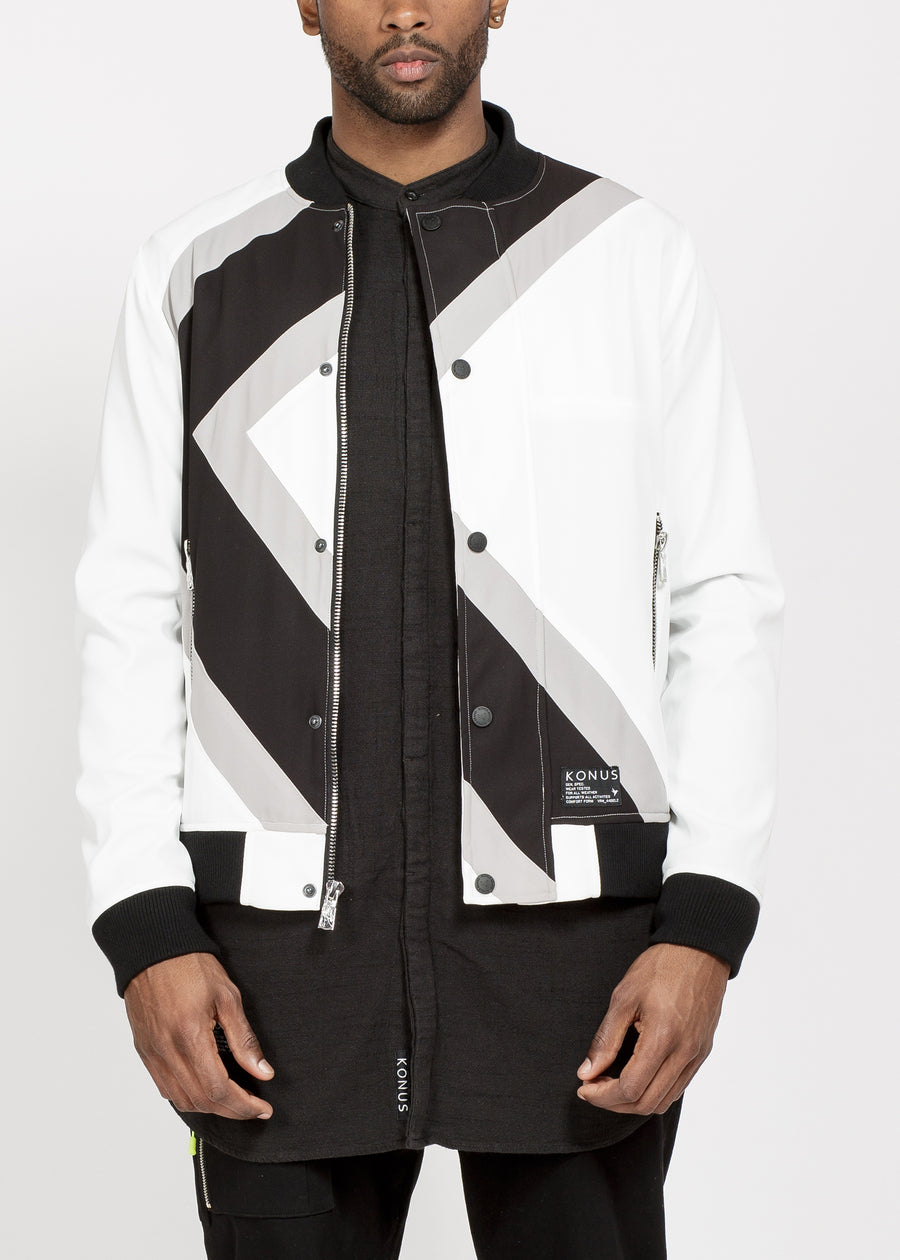 Konus Men's Bomber Jacket With Geometric Panels in White - shopatkonus