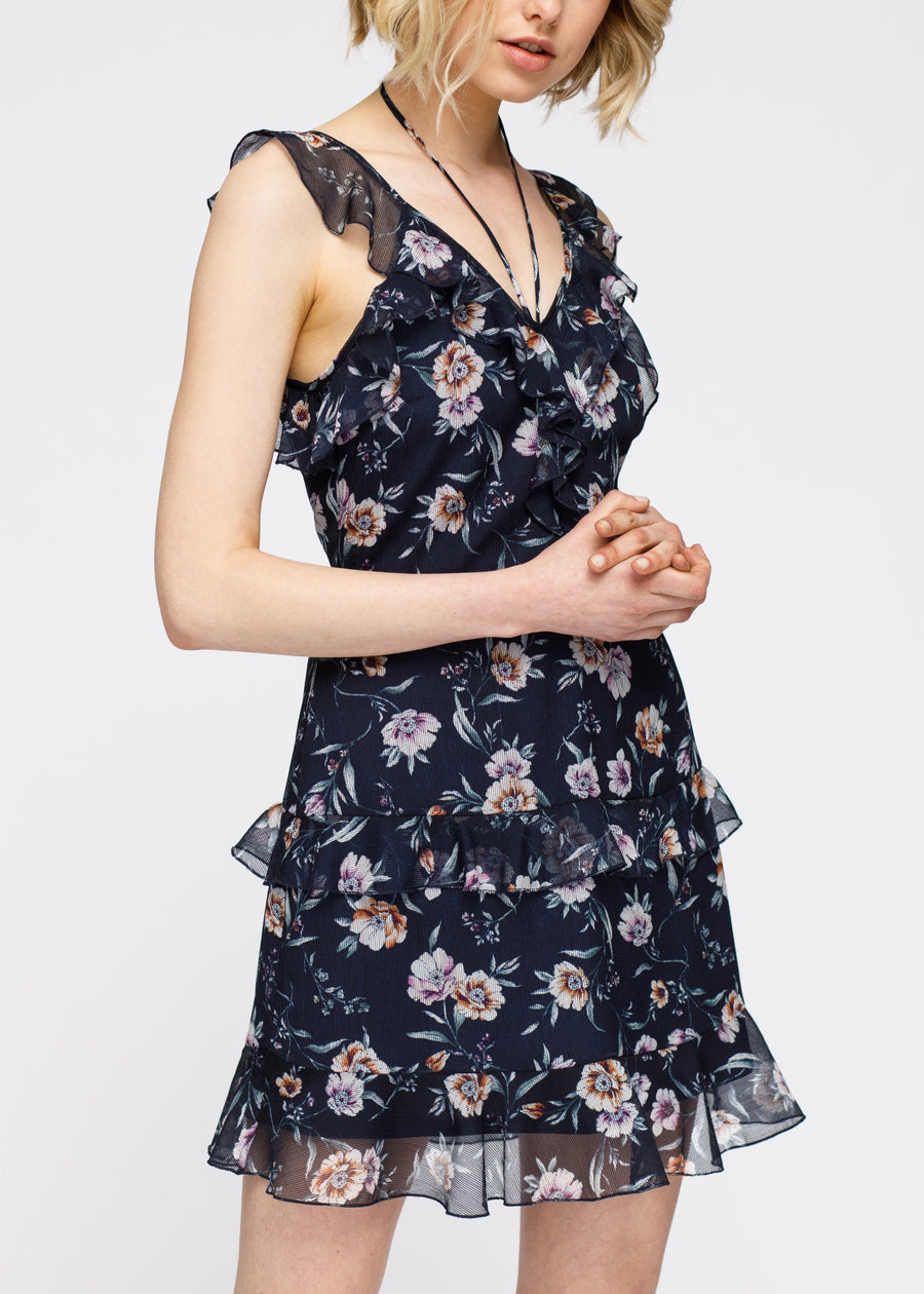 Wax Flower Mini Ruffled Sleeveless Dress - shopatkonus