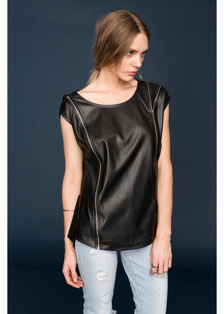 Women's Zip Shoulder Leather Front Top - shopatkonus